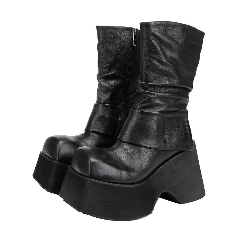 105mm High Platform Boots for Women Square Toe Touch-strap Side Zip in Black/Brown
