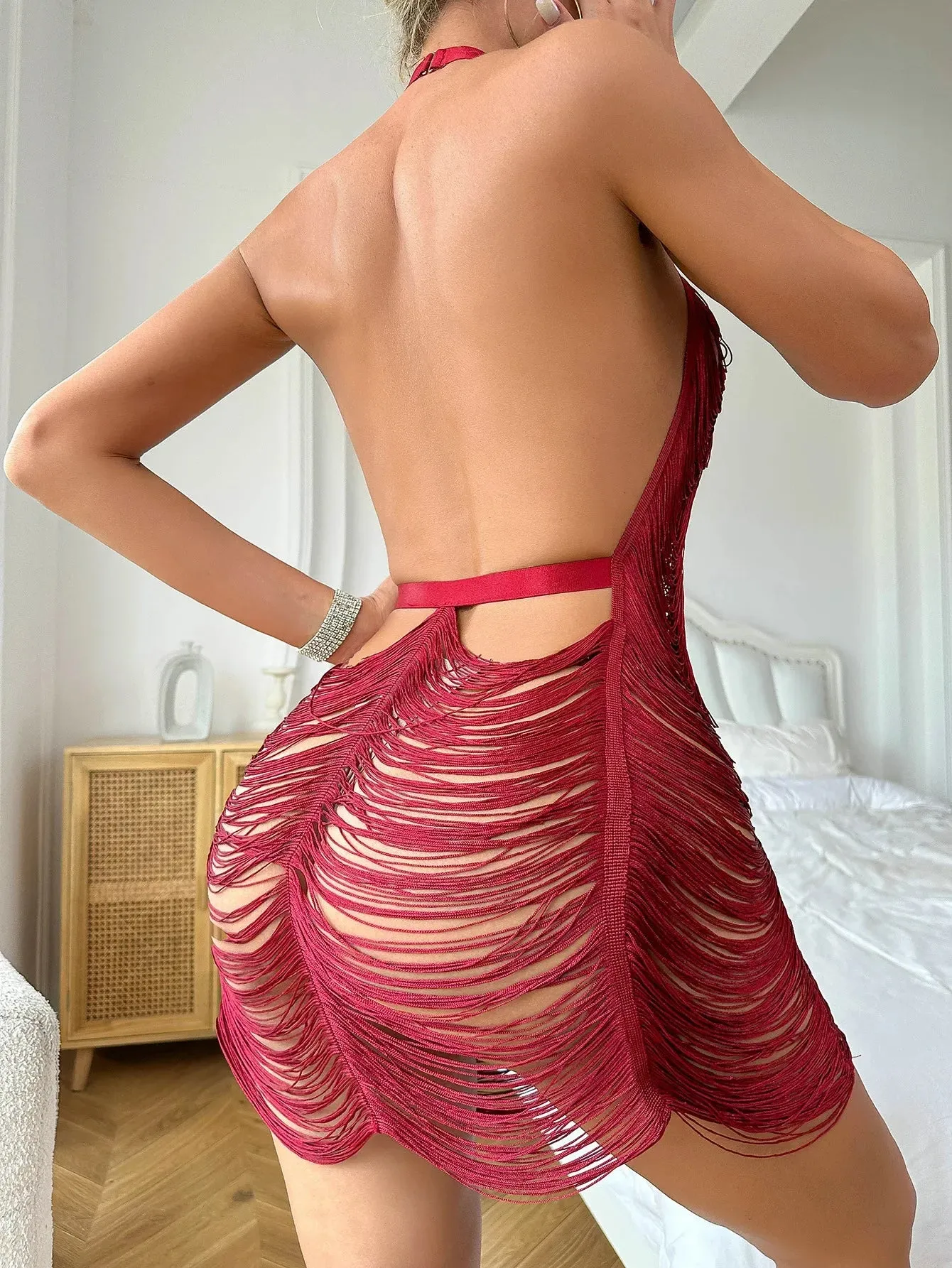 2024 Tassel Cover Ups Sleeveless Halter Neck Deep V Neck Evening Sexy Backless Dress