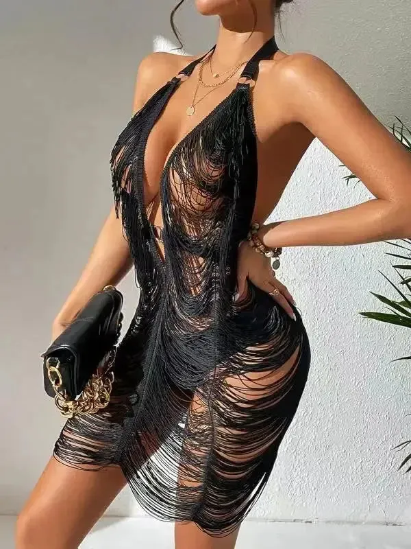 2024 Tassel Cover Ups Sleeveless Halter Neck Deep V Neck Evening Sexy Backless Dress