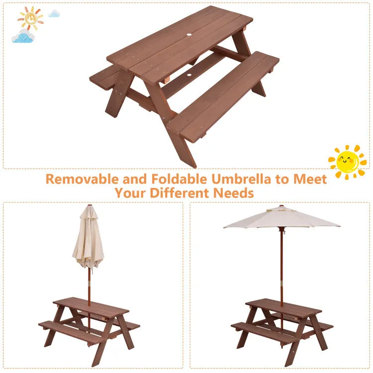 4-Seat Outdoor Kids Picnic Table Set with Removable Umbrella - Brown