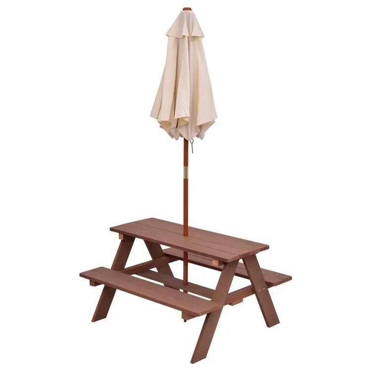 4-Seat Outdoor Kids Picnic Table Set with Removable Umbrella - Brown
