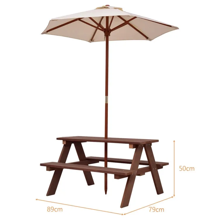 4-Seat Outdoor Kids Picnic Table Set with Removable Umbrella - Brown