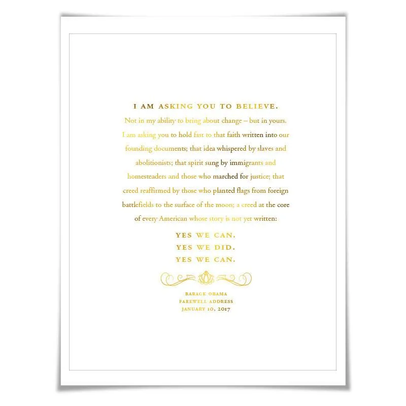 Barack Obama 2017 Farewell Address Speech Gold Foil Art Print. 7 Foil Colours. Political Art. American History