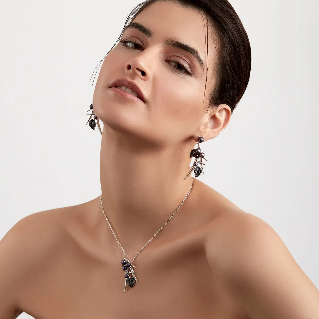 Blackthorn Drop Leaf Pendant - Silver, Black Spinel & Black Pearl