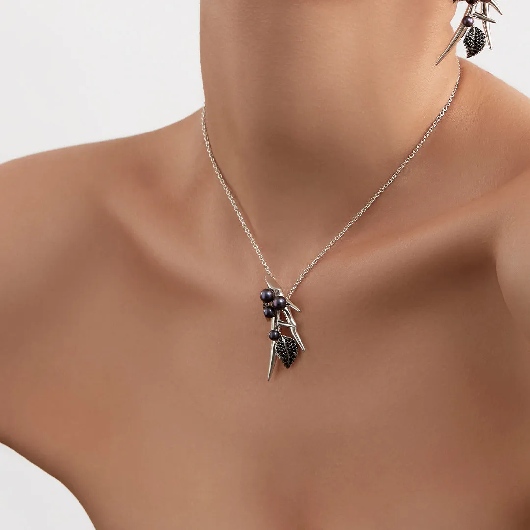 Blackthorn Drop Leaf Pendant - Silver, Black Spinel & Black Pearl