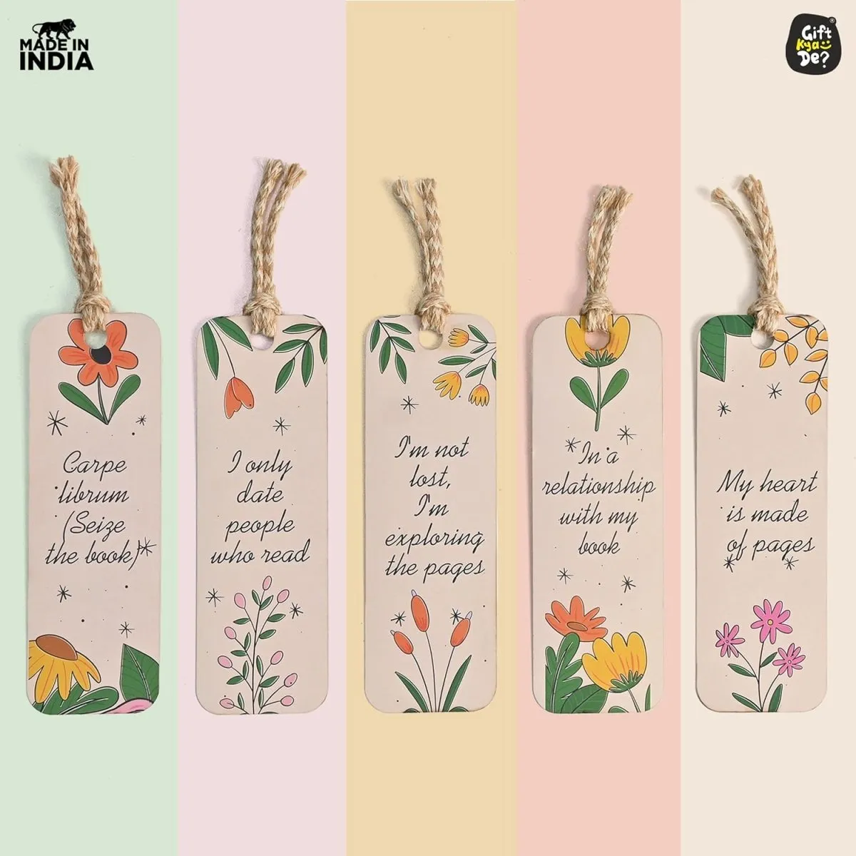 Bookmarks Set of 5 | Beautiful Designs & Quotes | Hard Paper Book Marker With Handmade Tassel Dori