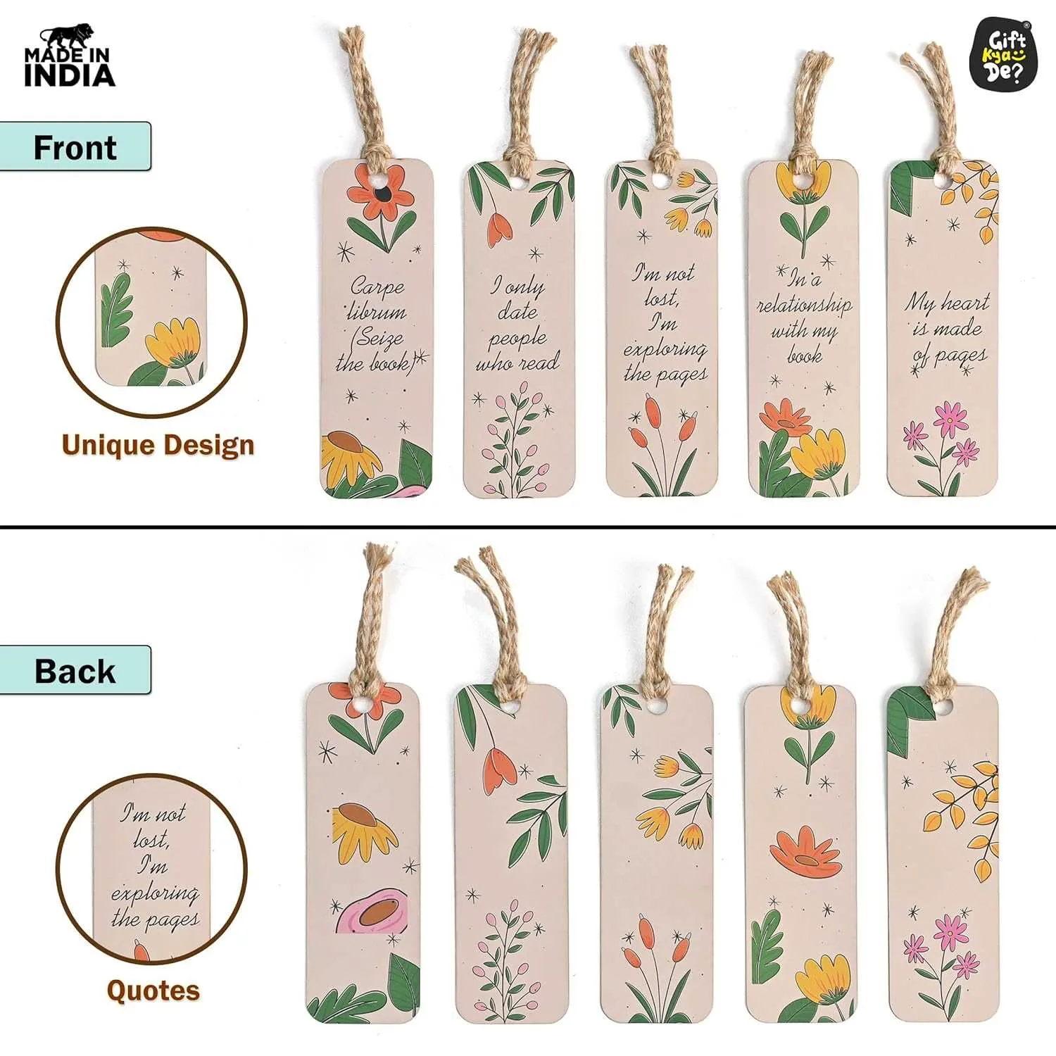 Bookmarks Set of 5 | Beautiful Designs & Quotes | Hard Paper Book Marker With Handmade Tassel Dori