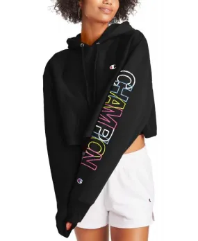 CHAMPION - Women - Reverse Weave Cropped Pullover Hoodie - Black/Rainbow