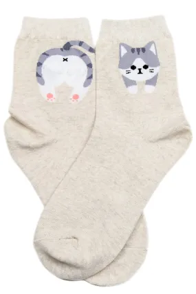 Cheeky Bum Cat Cotton Socks Beige