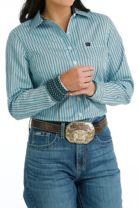Cinch® Women's Blue Striped Poly Long Sleeve Button Front Western Shirt