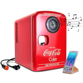 Coca-Cola 4L Cooler/Warmer w/ Bluetooth Speaker, Includes 12V DC and 110V AC Cords, 6 Can Portable Mini Fridge w/ Built-In Wireless Speaker, Unique Desk Accessory for Home Office Dorm, Red