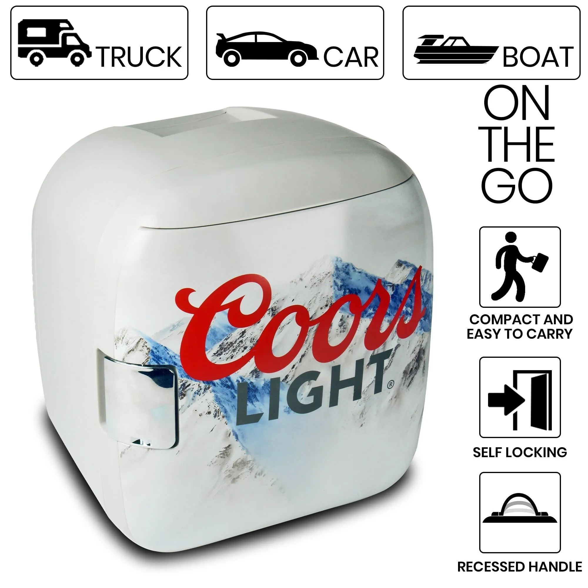 Coors Light 12 Can Portable Mini Fridge 12V DC 110V AC Cooler/Warmer 7.9L (8.3 qt), Personal Travel Fridge for Beer Snacks Lunch Takeout, Includes 12V and AC Cords, Home Office Dorm Travel, Gray