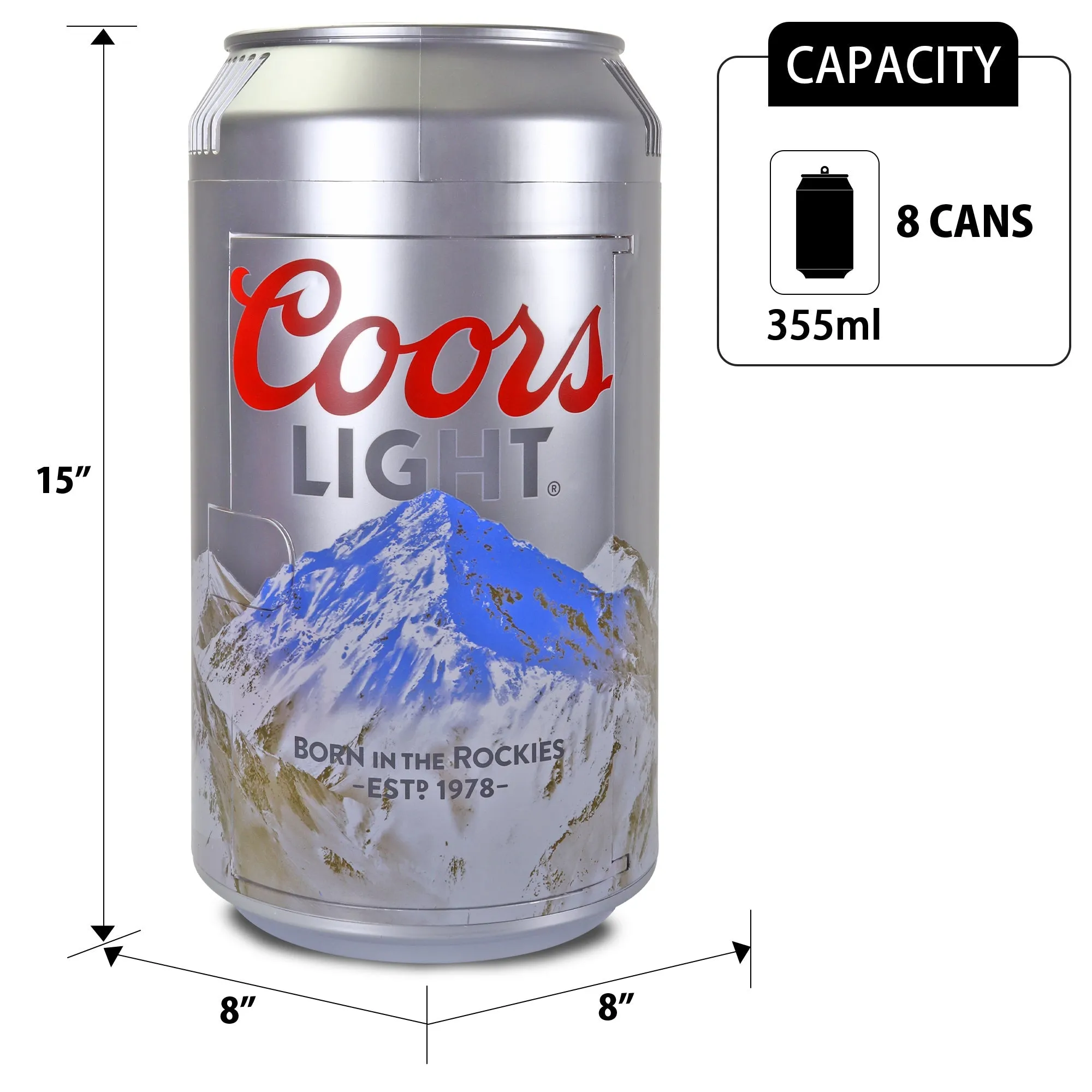 Coors Light 8 Can Portable Mini Fridge w/ 12V DC and 110V AC Cords, 5.4L (5.7 qt) Beer Can Shaped Personal Cooler, Silver, Travel Fridge for Beer, Snacks, Lunch, Drinks, Home, Office, Bar, Dorm, RV