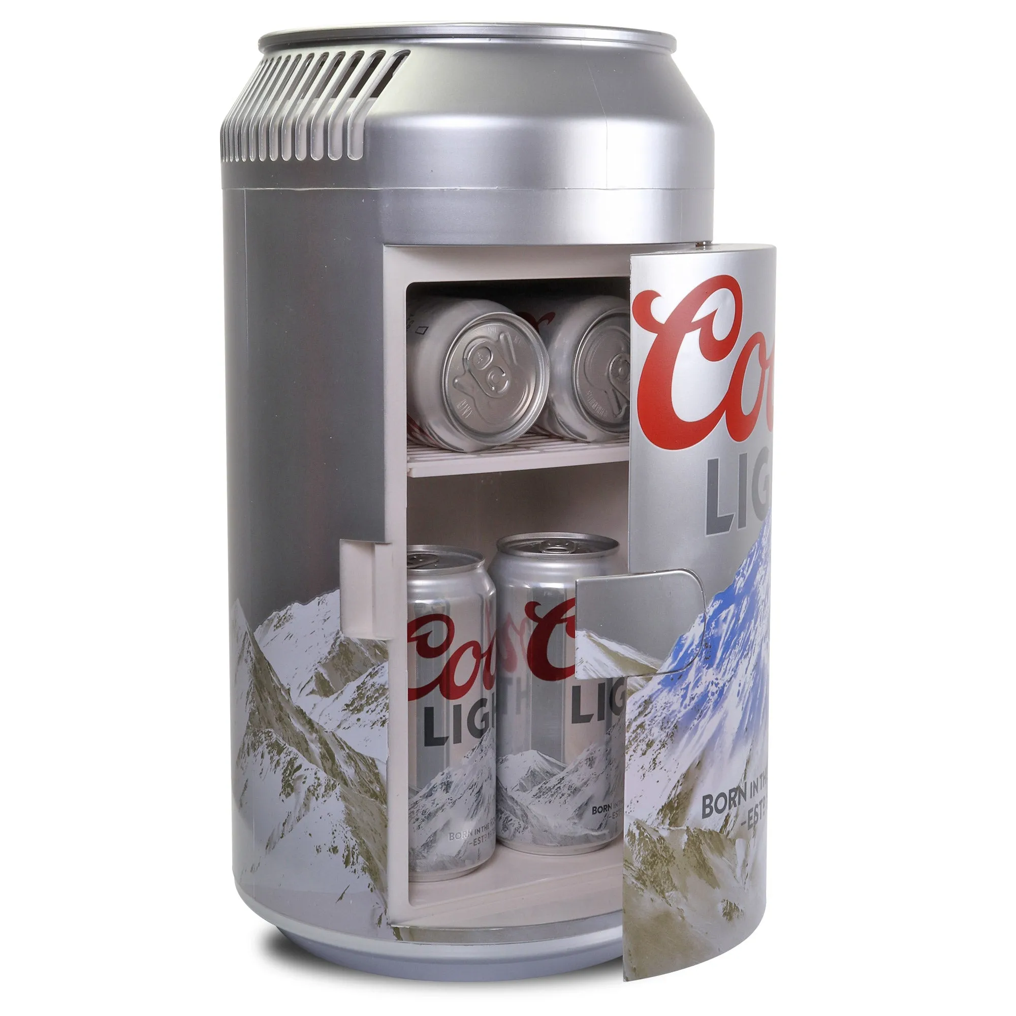 Coors Light 8 Can Portable Mini Fridge w/ 12V DC and 110V AC Cords, 5.4L (5.7 qt) Beer Can Shaped Personal Cooler, Silver, Travel Fridge for Beer, Snacks, Lunch, Drinks, Home, Office, Bar, Dorm, RV
