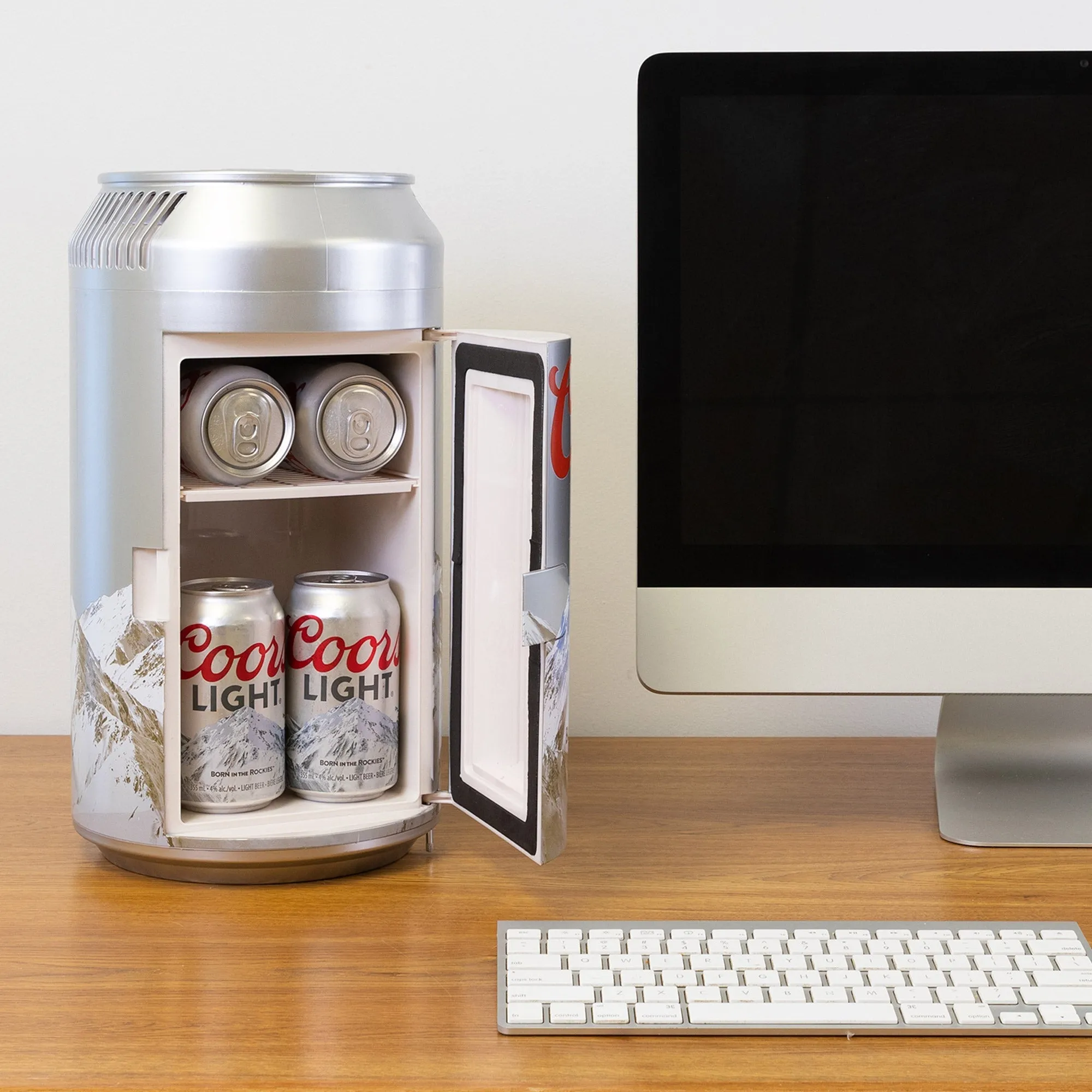 Coors Light 8 Can Portable Mini Fridge w/ 12V DC and 110V AC Cords, 5.4L (5.7 qt) Beer Can Shaped Personal Cooler, Silver, Travel Fridge for Beer, Snacks, Lunch, Drinks, Home, Office, Bar, Dorm, RV