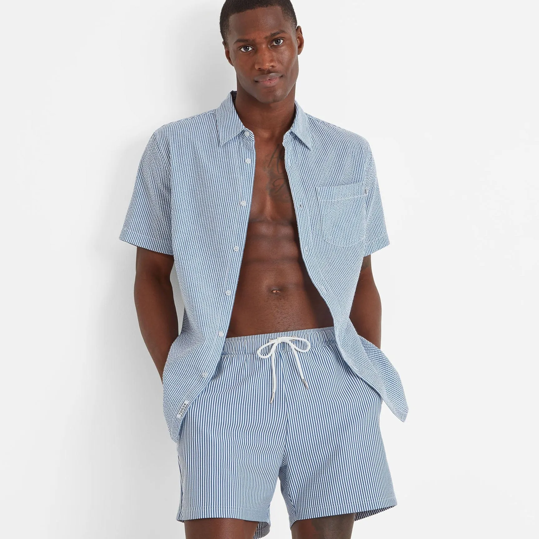 Fenton Mens Striped Shirt - Pastel Blue Seersucker Stripe