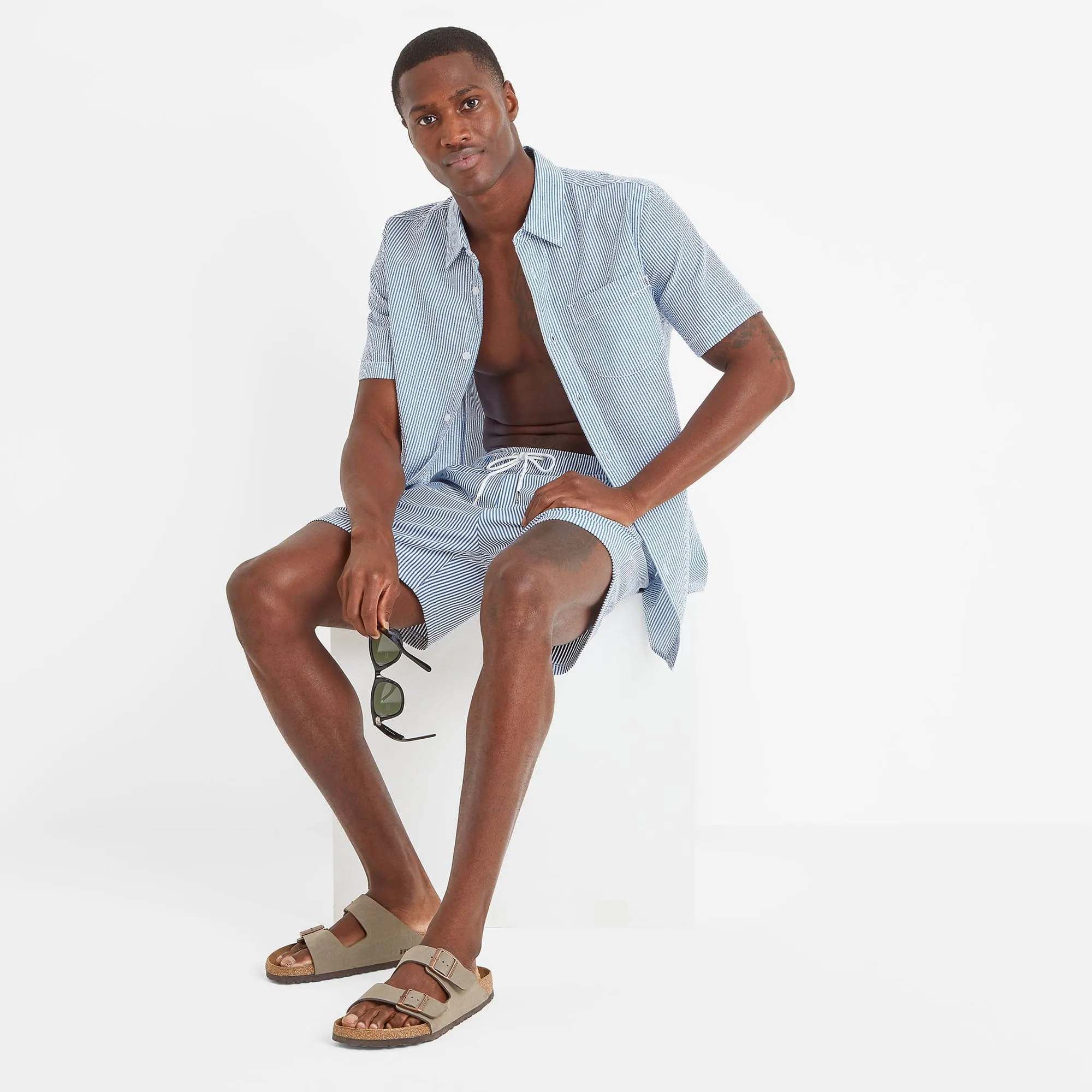 Fenton Mens Striped Shirt - Pastel Blue Seersucker Stripe