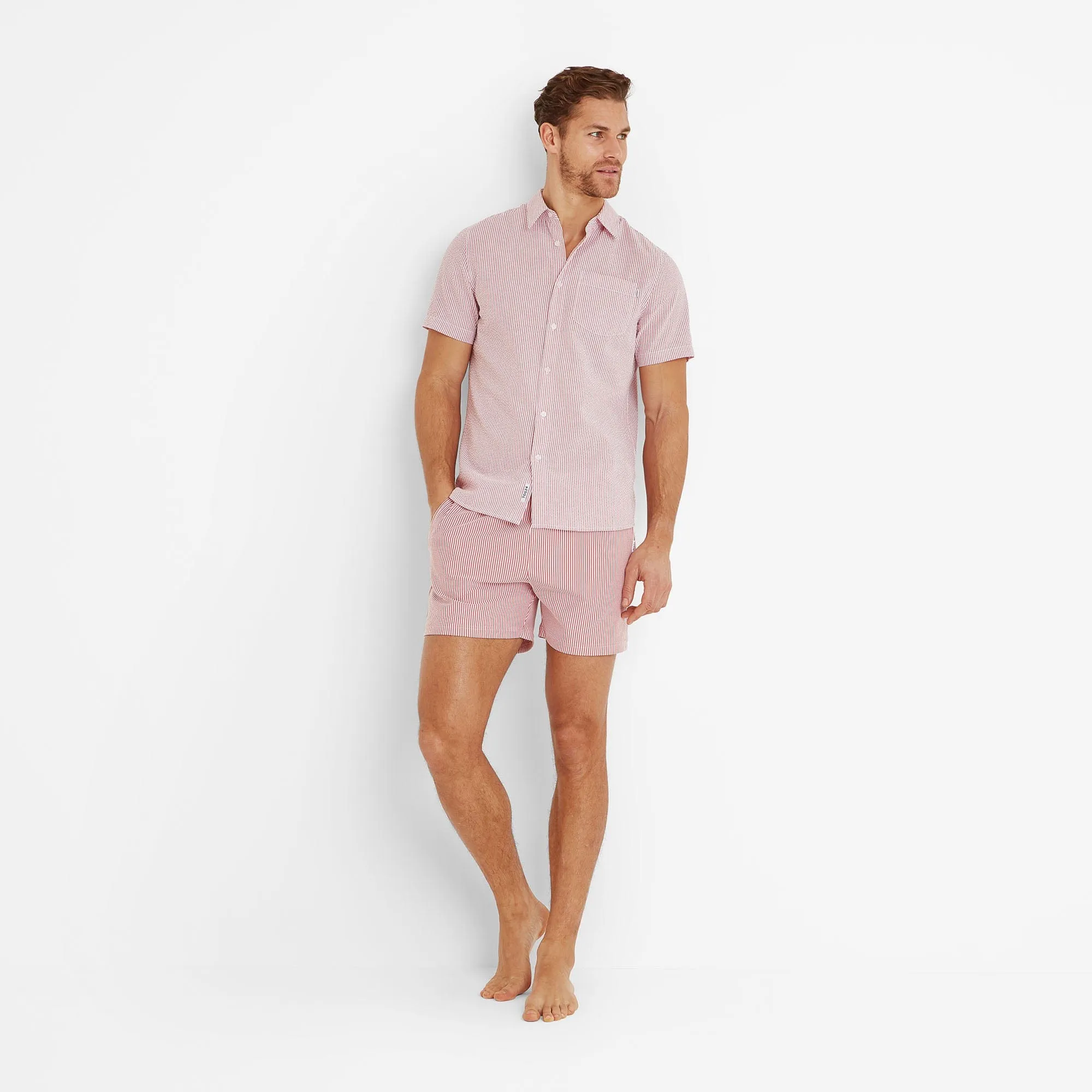Fenton Mens Striped Shirt - Washed Red Seersucker Stripe
