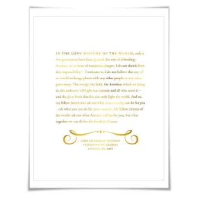 John Fitzgerald Kennedy Gold Foil Art Print. 7 Foil Colours. Graduation Gift. American History JFK Inauguration Speech