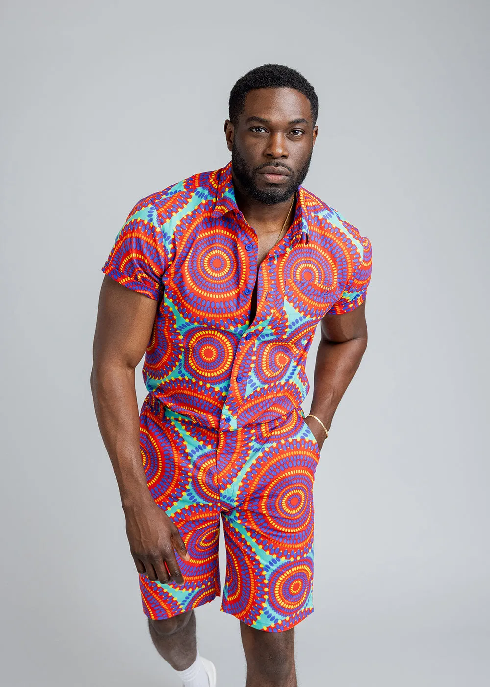 Keyon Men's African Print Button-Up Shirt (Turquoise Red Circles)