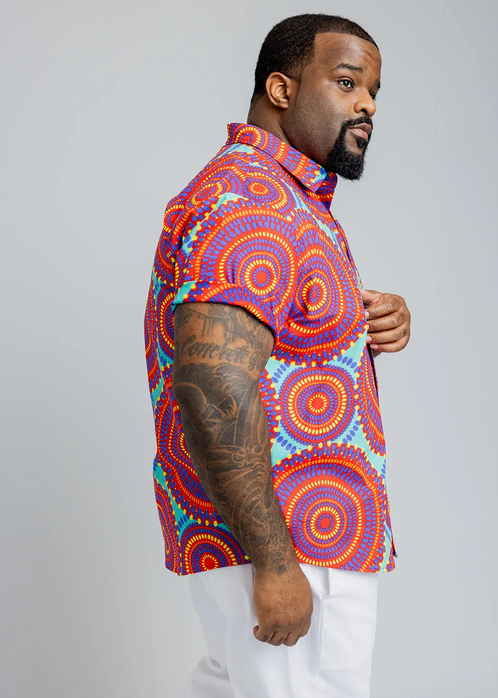 Keyon Men's African Print Button-Up Shirt (Turquoise Red Circles)