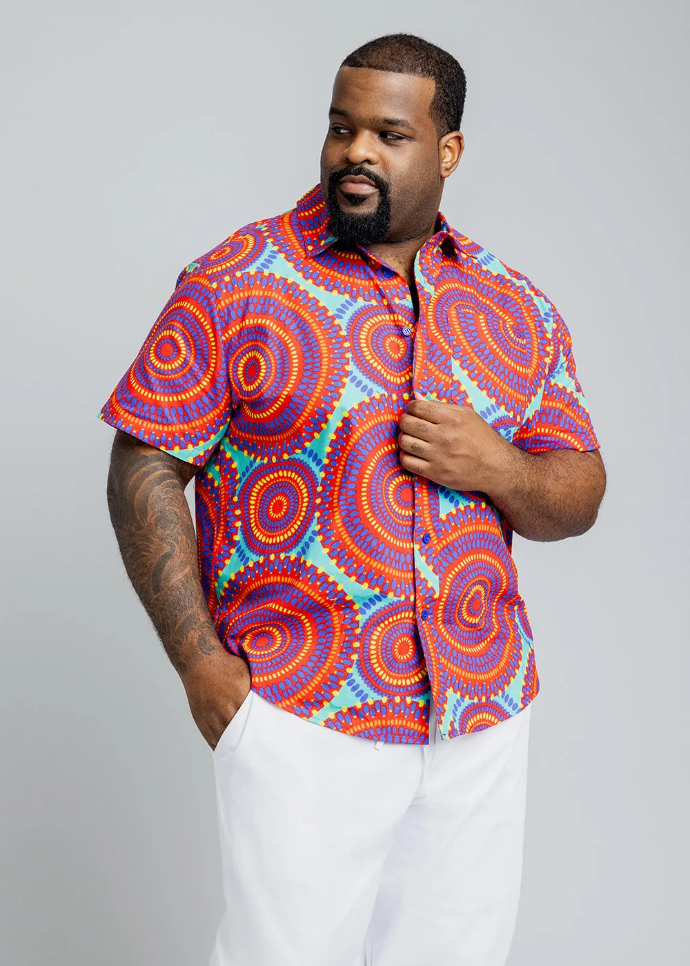 Keyon Men's African Print Button-Up Shirt (Turquoise Red Circles)