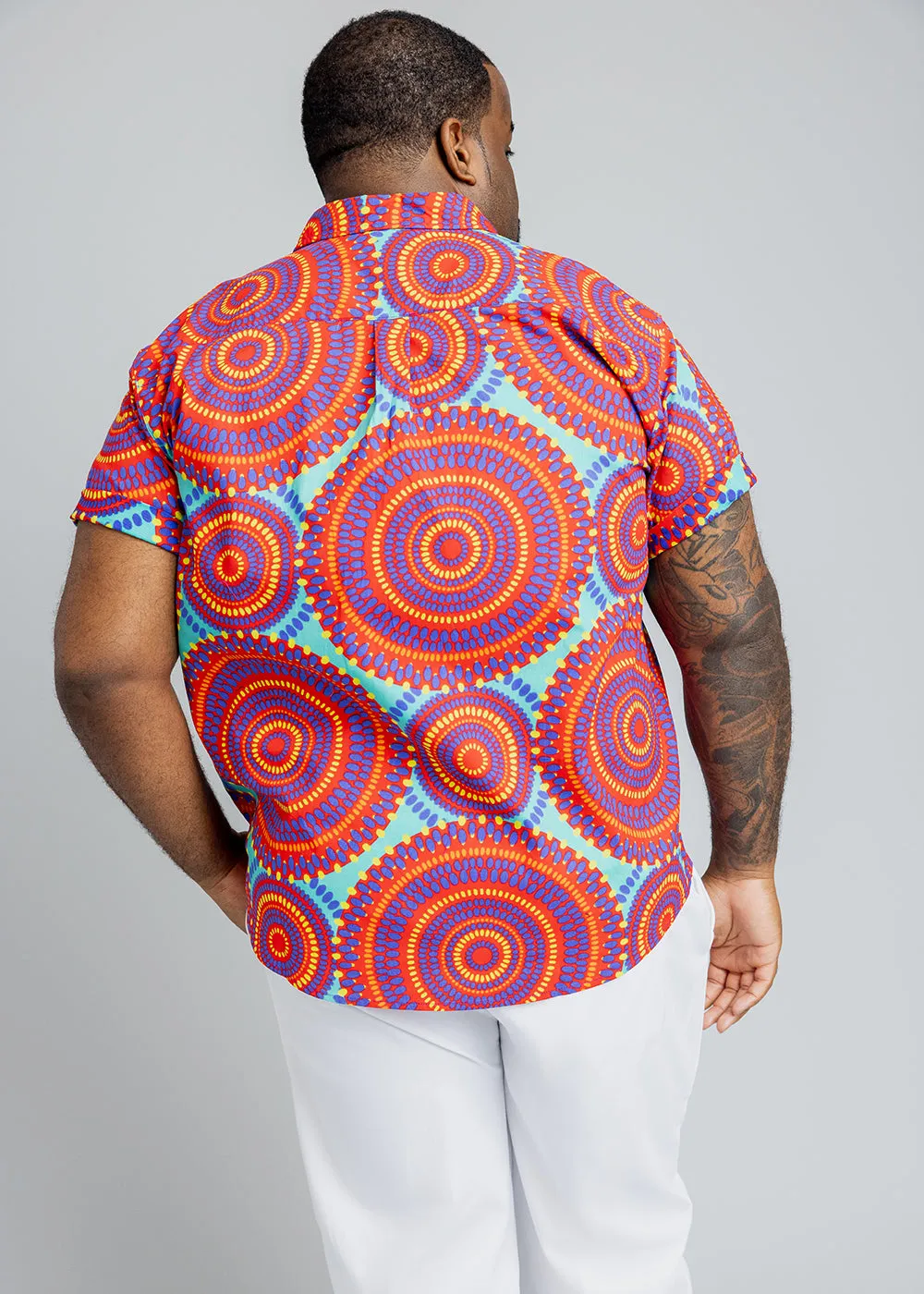 Keyon Men's African Print Button-Up Shirt (Turquoise Red Circles)