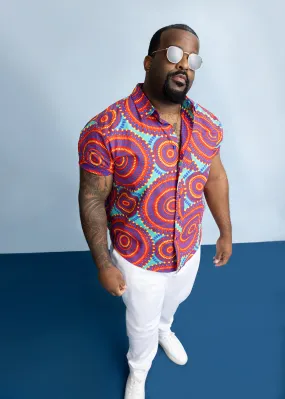 Keyon Men's African Print Button-Up Shirt (Turquoise Red Circles)