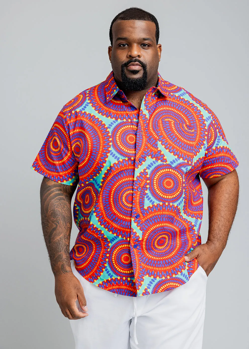 Keyon Men's African Print Button-Up Shirt (Turquoise Red Circles)