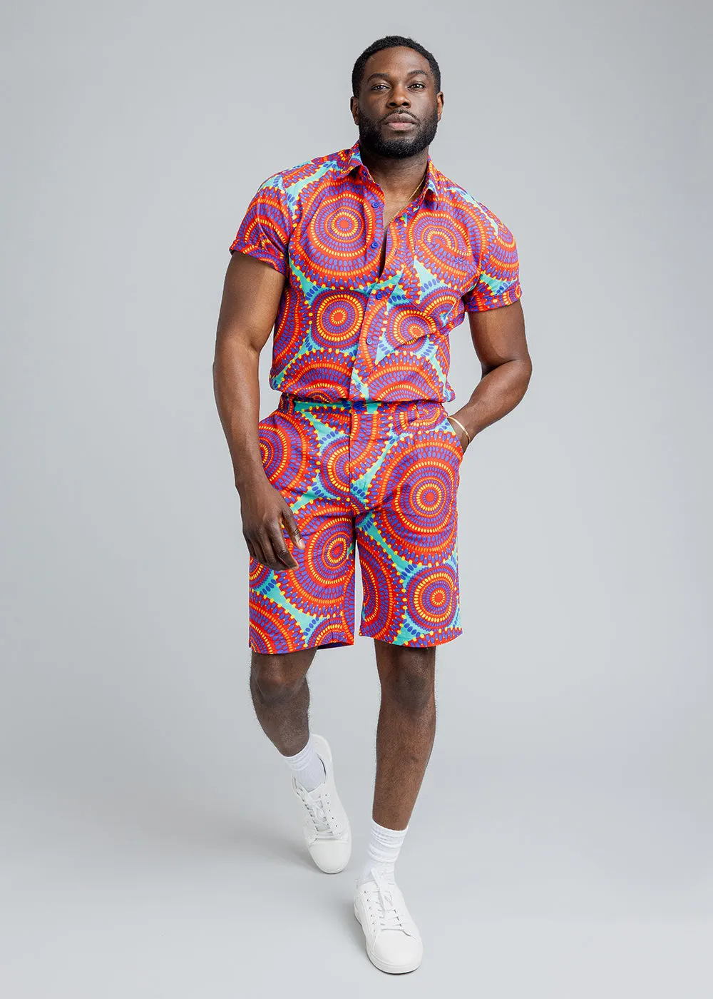 Keyon Men's African Print Button-Up Shirt (Turquoise Red Circles)