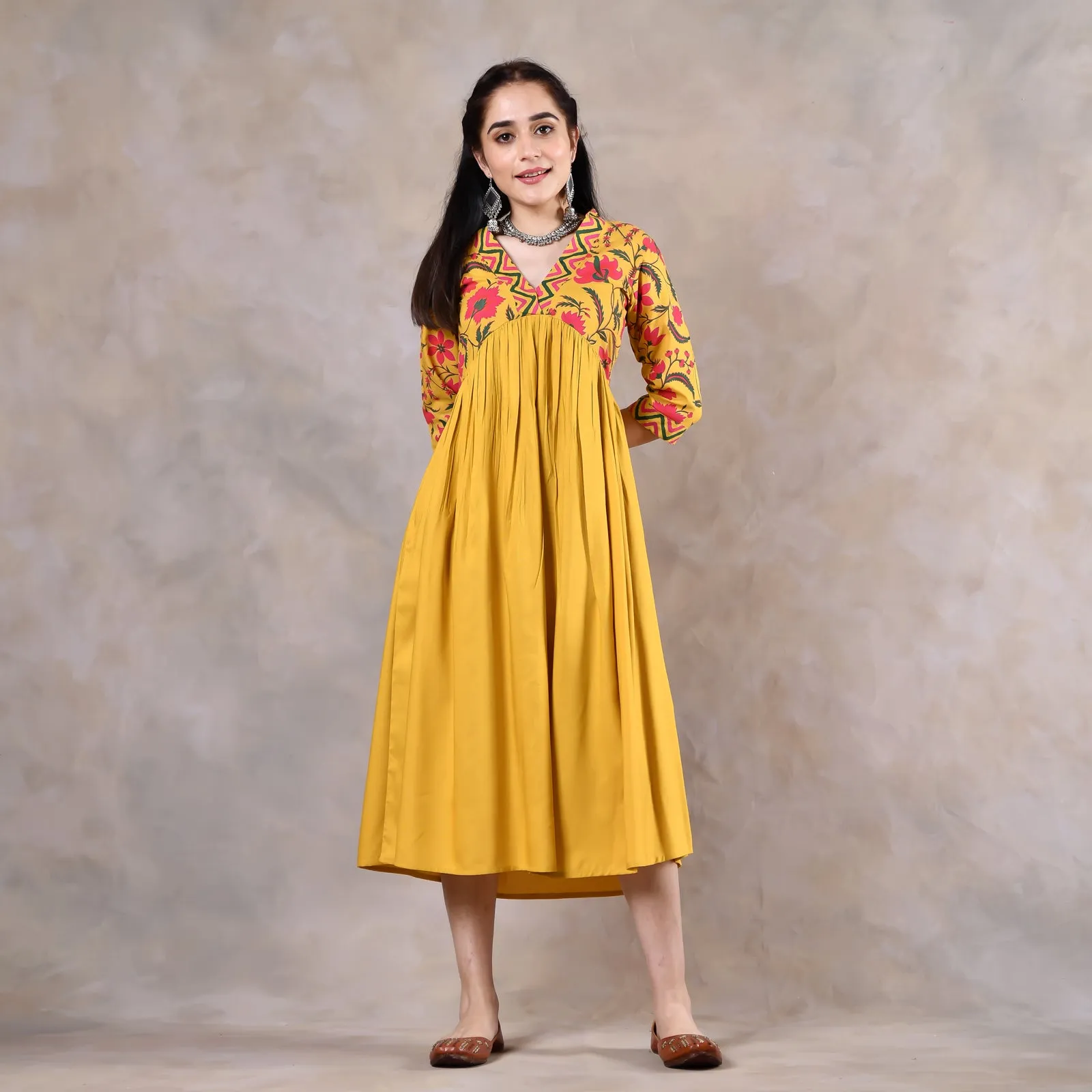 Mustard V Neck Alia Cut Gathered Dress with Tassels