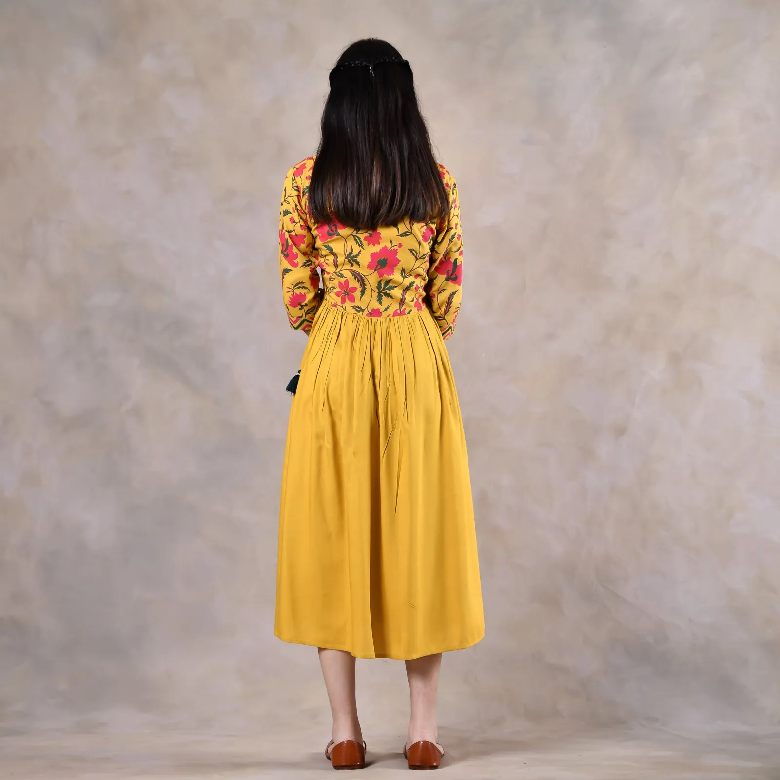 Mustard V Neck Alia Cut Gathered Dress with Tassels
