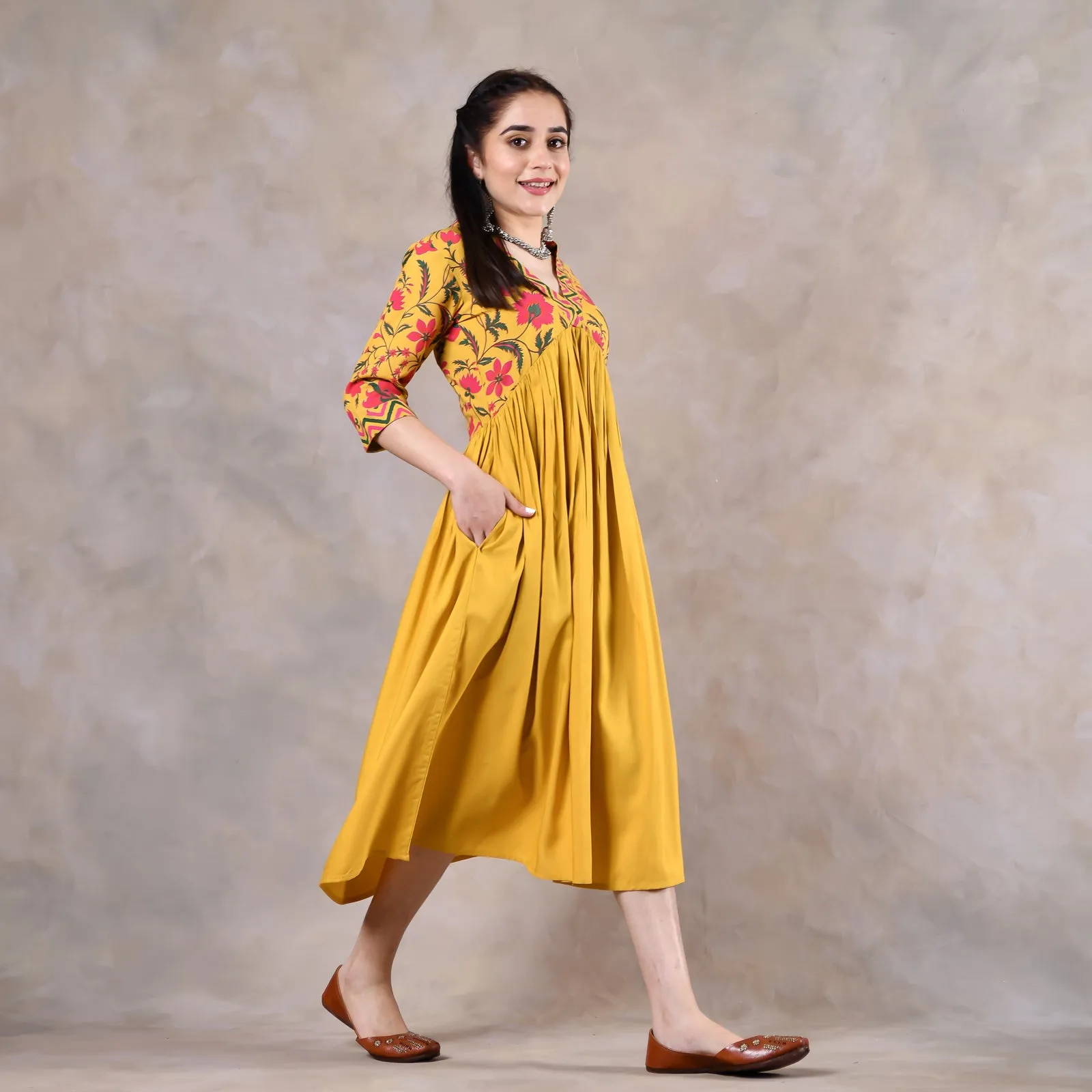 Mustard V Neck Alia Cut Gathered Dress with Tassels