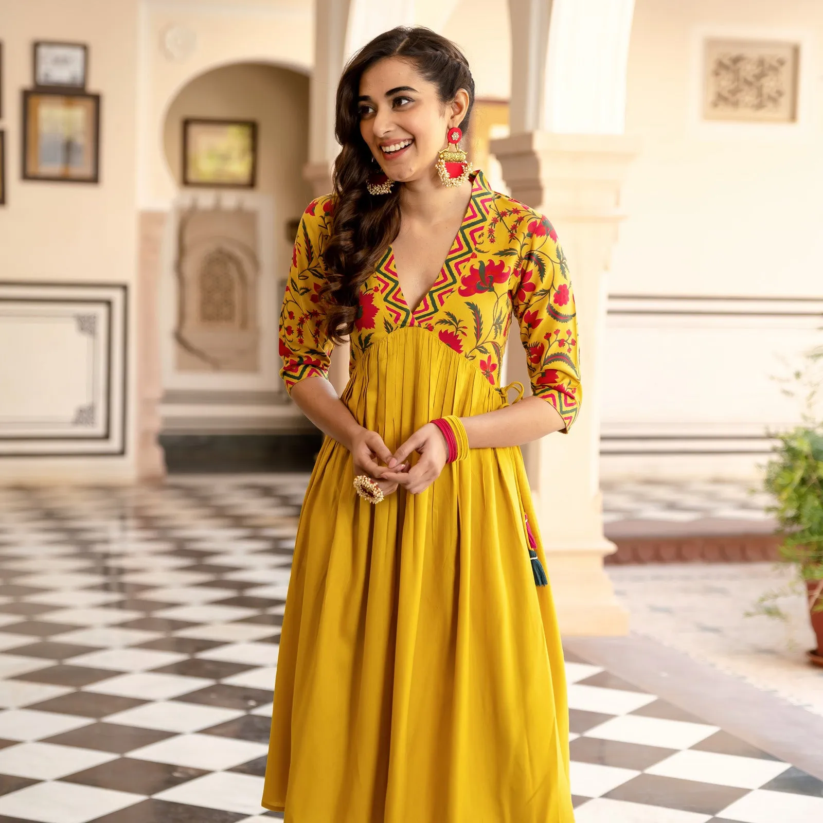 Mustard V Neck Alia Cut Gathered Dress with Tassels