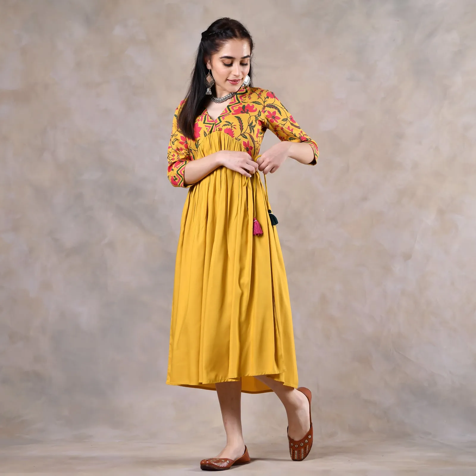 Mustard V Neck Alia Cut Gathered Dress with Tassels