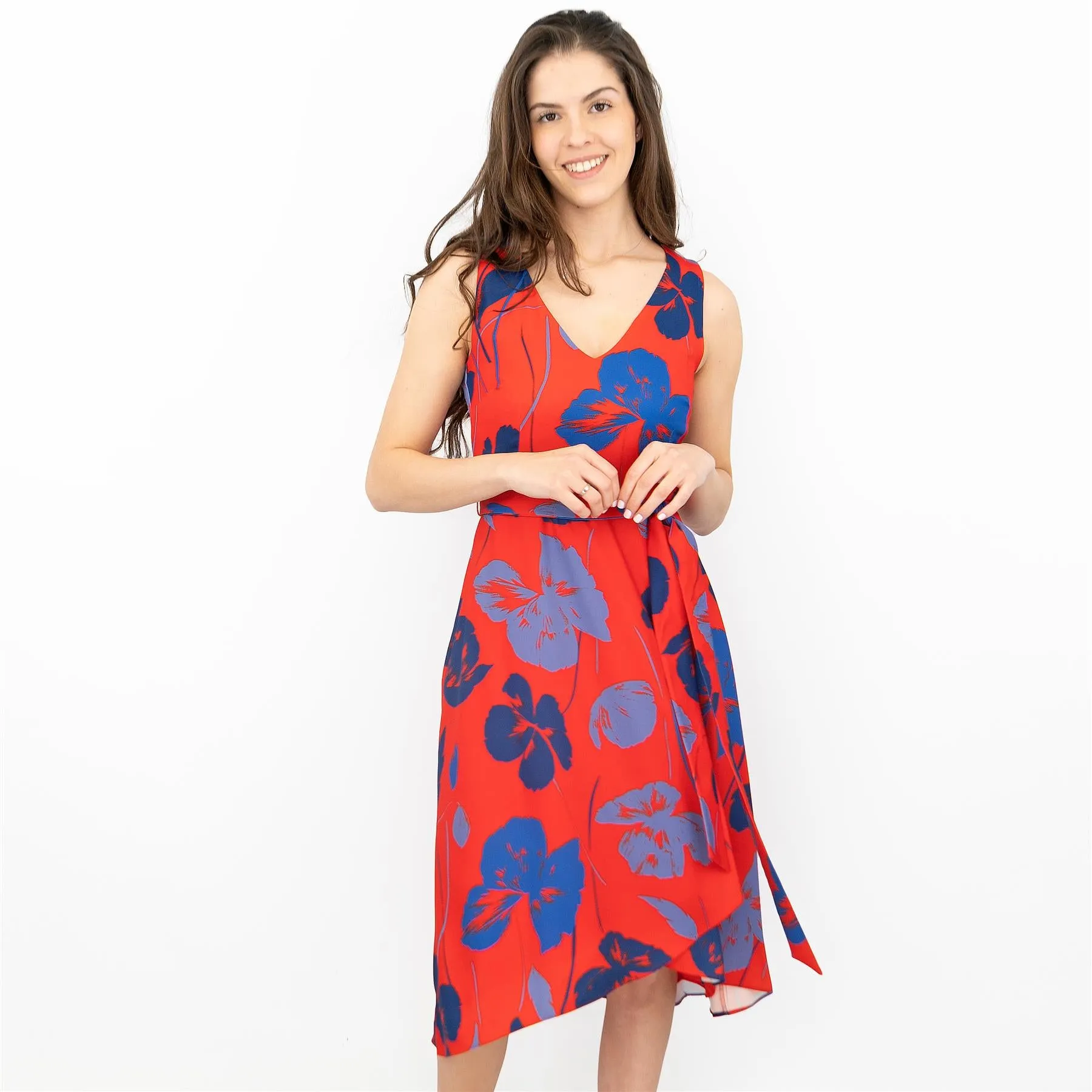Phase Eight Sacha Red Floral Sleeveless Hi-Lo V-Neck Midi Dress