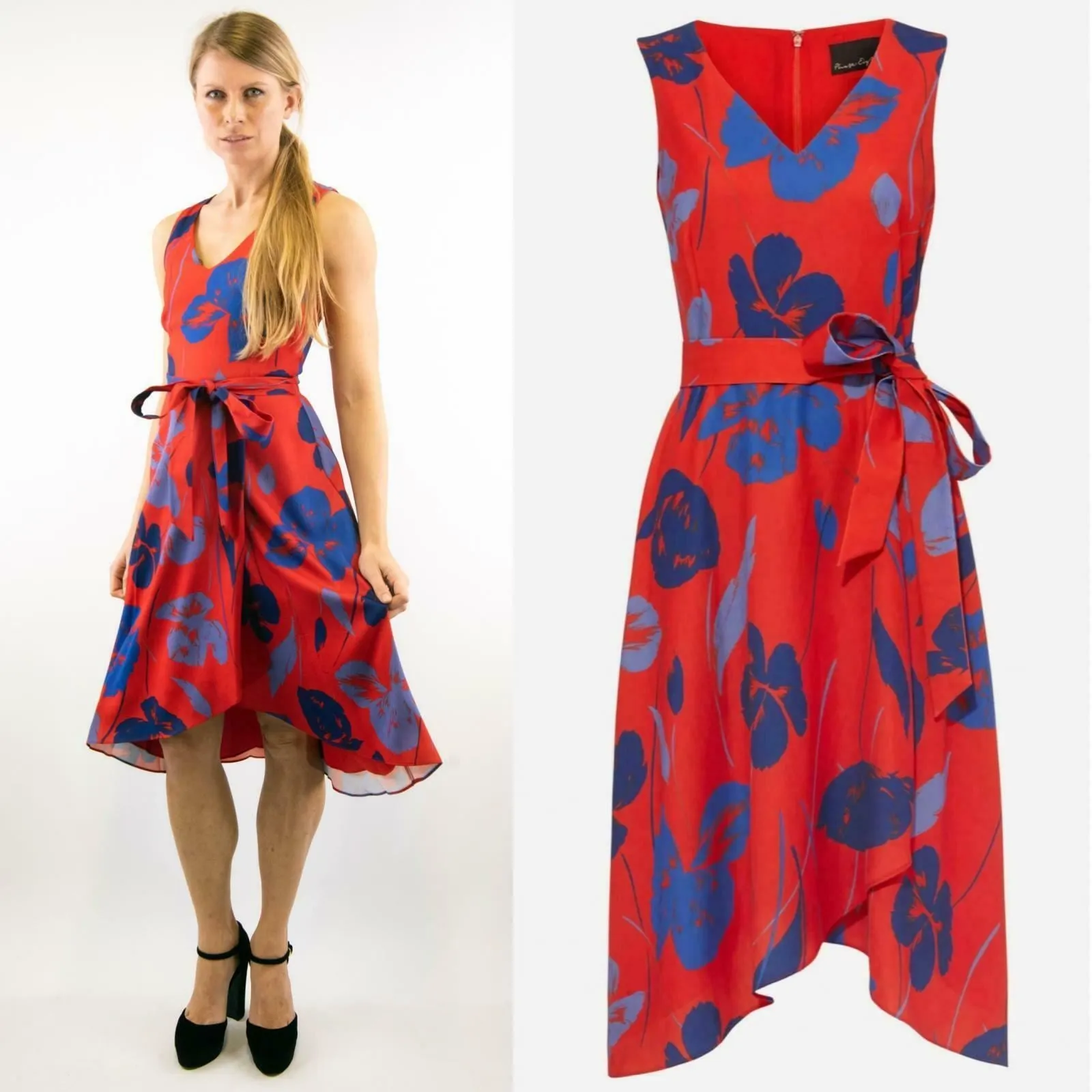 Phase Eight Sacha Red Floral Sleeveless Hi-Lo V-Neck Midi Dress