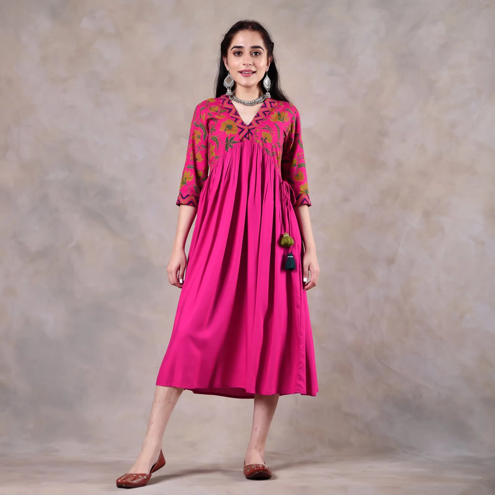 Pink Gathered Alia Cut Dress with Tassels