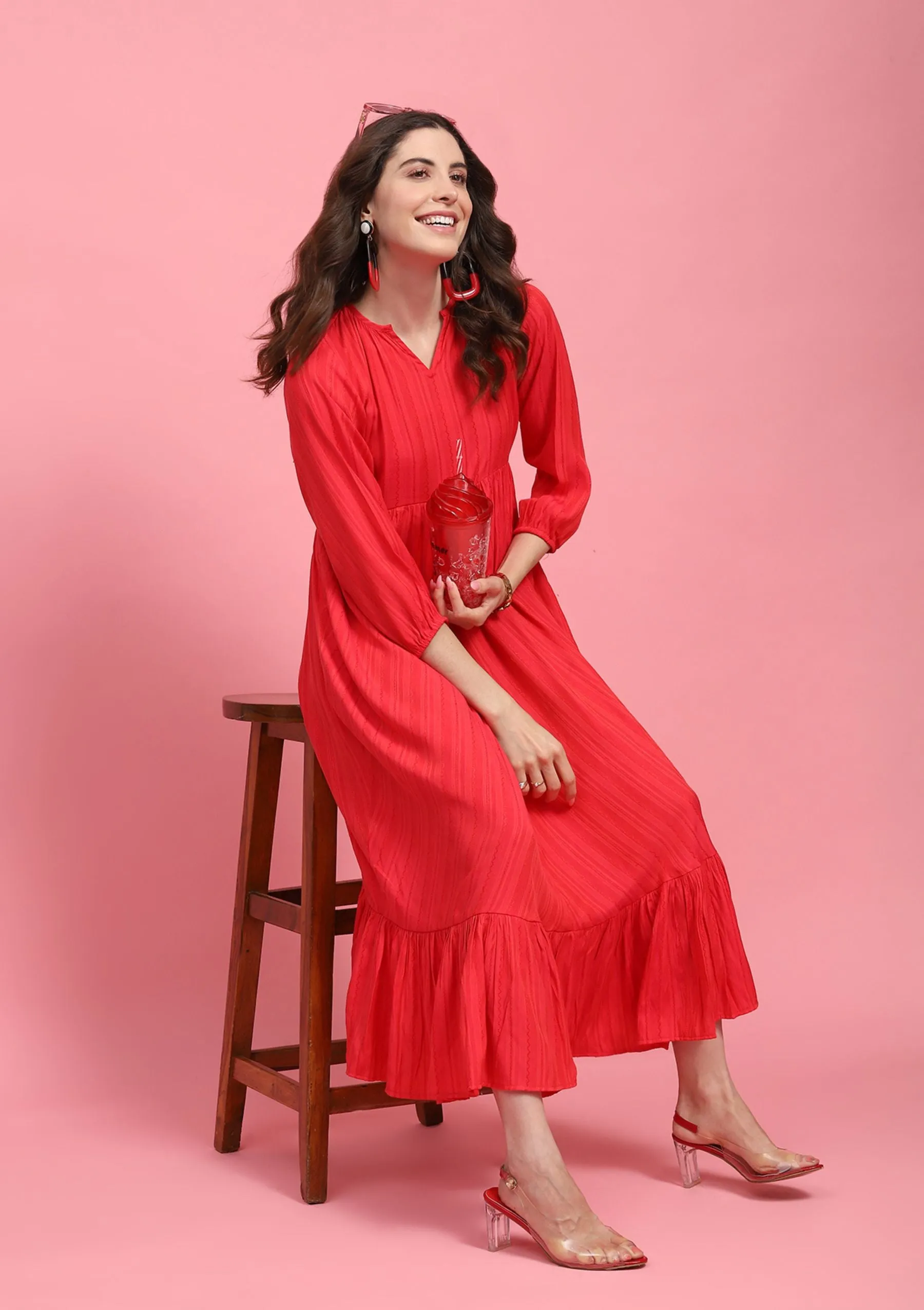 Rayon Solid Women's Long Dress - Red