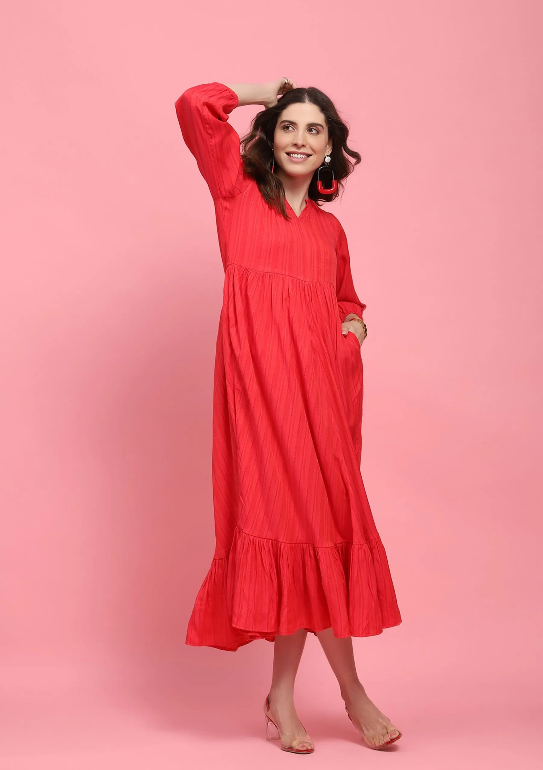 Rayon Solid Women's Long Dress - Red