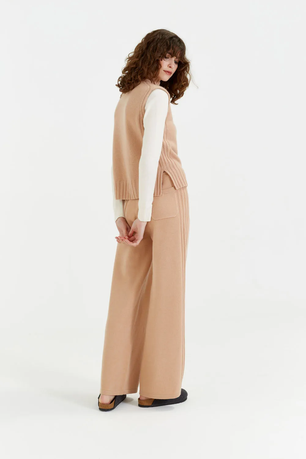 Warm-Beige Cashmere Side Rib Trousers