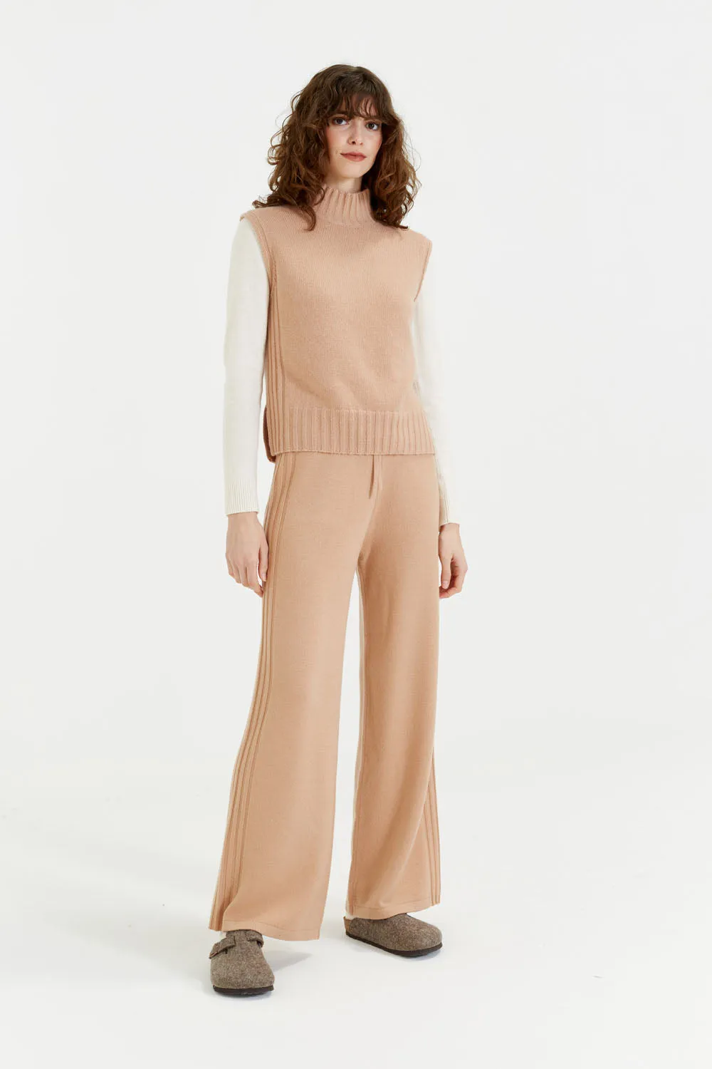 Warm-Beige Cashmere Side Rib Trousers