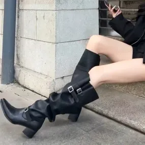 Winter Punk Style Designer Square Heels Buckle Strap Shoes Knee High Boots