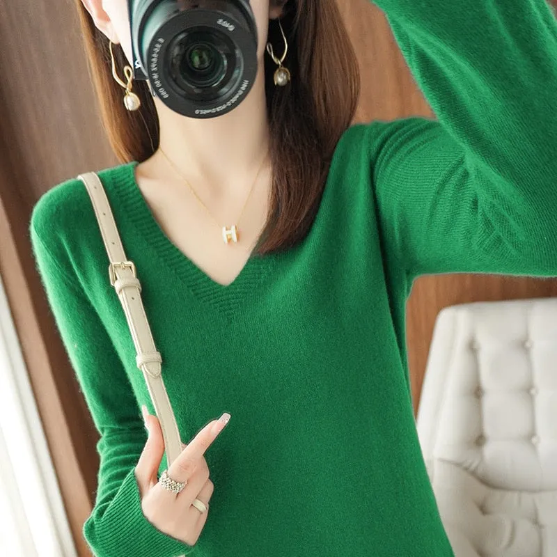 Women V-neck Slim Knitted Pullover