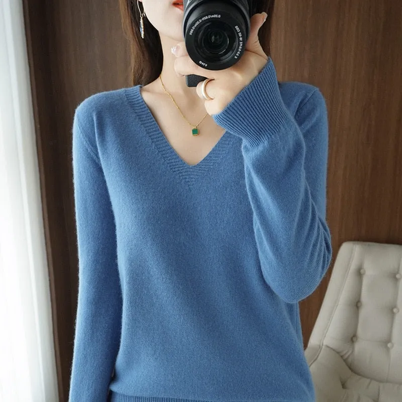 Women V-neck Slim Knitted Pullover