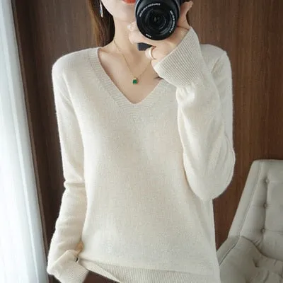 Women V-neck Slim Knitted Pullover