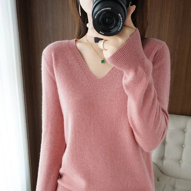 Women V-neck Slim Knitted Pullover
