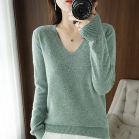 Women V-neck Slim Knitted Pullover