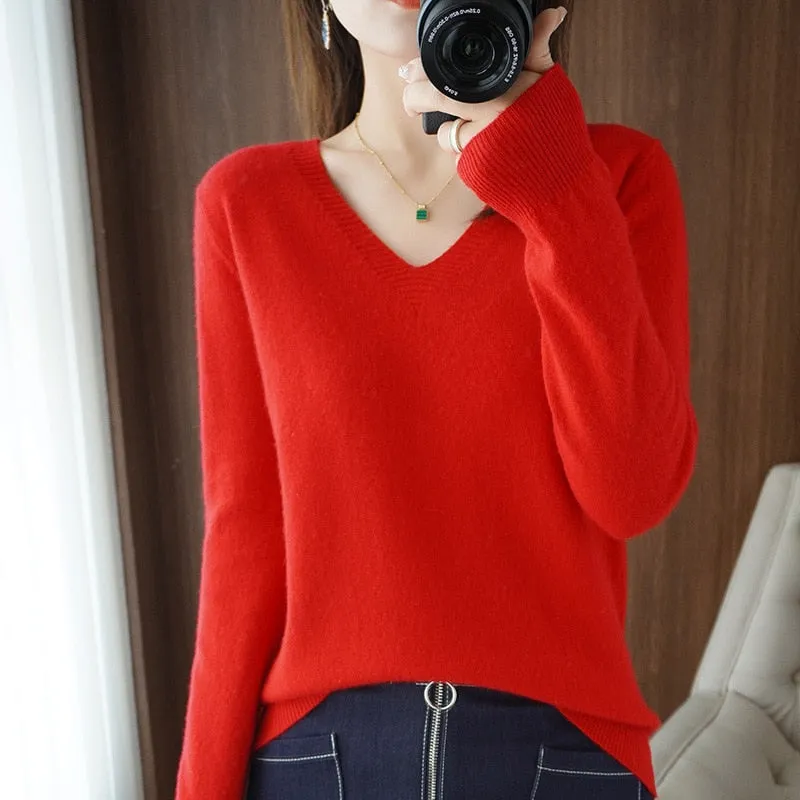 Women V-neck Slim Knitted Pullover