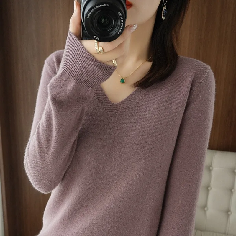 Women V-neck Slim Knitted Pullover